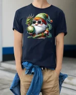 Santa Dragon Magic Tee Cool Christmas Gnome Fantasy Tshirt - model wearing navy tee with hands in pockets