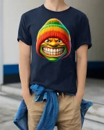 Funny Rainbow Beanie Grin Tee Bold Colorful Cartoon Tshirt - model wearing navy tee with hands in pockets
