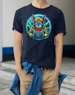 Cyber Gamer Dog Tee Futuristic Bulldog Gaming Tshirt - model wearing navy tee with hands in pockets