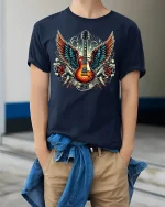 Flying Guitar Rock Tee Vintage Winged Music Tshirt - model wearing navy tee with hands in pockets