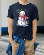 Cute Christmas Snowman Tee Festive Holiday Winter Tshirt - model wearing navy tee with hands in pockets