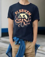Flerken Cat Monster Tee Funny Octo Kitty Graphic Tshirt - model wearing navy tee with hands in pockets