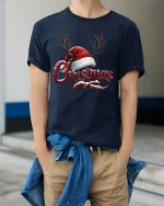 Merry Christmas Antler Hat Tee Festive Holiday Graphic Tshirt - model wearing navy tee with hands in pockets