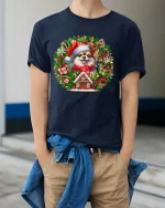 Christmas Pomeranian Wreath Tee Cute Holiday Dog Tshirt - model wearing navy tee with hands in pockets