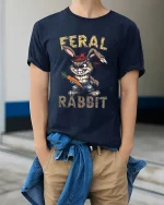 Feral Rabbit Tee Funny Rebel Bunny Cartoon Tshirt - model wearing navy tee with hands in pockets