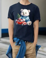 Cute Polar Bear Christmas Car Tee Festive Holiday Graphic - model wearing navy tee with hands in pockets