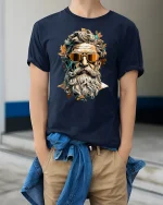 Cool Bearded Zeus Tee Retro Mythology Style Graphic Tshirt - model wearing navy tee with hands in pockets