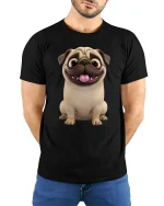 Cute Happy Pug Face Graphic Tee for Dog Lovers Gift - model wearing black tee with hands behind back