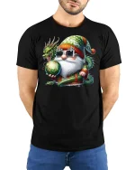 Santa Dragon Magic Tee Cool Christmas Gnome Fantasy Tshirt - model wearing black tee with hands behind back