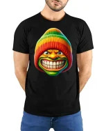 Funny Rainbow Beanie Grin Tee Bold Colorful Cartoon Tshirt - model wearing black tee with hands behind back