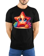 Cute Starfish Ocean Tee Adorable Coral Reef Cartoon Tshirt - model wearing black tee with hands behind back