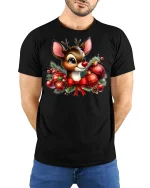 Cute Christmas Reindeer Tee Adorable Holiday Ornament Tshirt - model wearing black tee with hands behind back