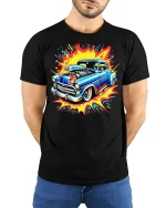 Retro Hot Rod Explosion Tee Cool Classic Muscle Car Tshirt - model wearing black tee with hands behind back