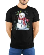 Cute Christmas Snowman Tee Festive Holiday Winter Tshirt - model wearing black tee with hands behind back