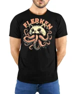 Flerken Cat Monster Tee Funny Octo Kitty Graphic Tshirt - model wearing black tee with hands behind back