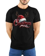 Merry Christmas Antler Hat Tee Festive Holiday Graphic Tshirt - model wearing black tee with hands behind back
