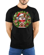 Christmas Pomeranian Wreath Tee Cute Holiday Dog Tshirt - model wearing black tee with hands behind back