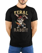 Feral Rabbit Tee Funny Rebel Bunny Cartoon Tshirt - model wearing black tee with hands behind back