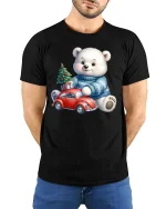 Cute Polar Bear Christmas Car Tee Festive Holiday Graphic - model wearing black tee with hands behind back