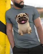 Cute Happy Pug Face Graphic Tee for Dog Lovers Gift - model wearing grey tee, leaning on column