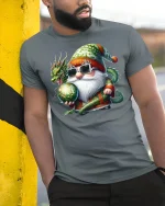 Santa Dragon Magic Tee Cool Christmas Gnome Fantasy Tshirt - model wearing grey tee, leaning on column