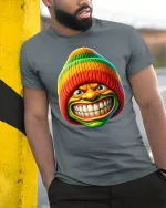 Funny Rainbow Beanie Grin Tee Bold Colorful Cartoon Tshirt - model wearing grey tee, leaning on column