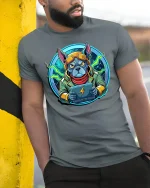 Cyber Gamer Dog Tee Futuristic Bulldog Gaming Tshirt - model wearing grey tee, leaning on column