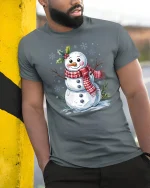 Cute Christmas Snowman Tee Festive Holiday Winter Tshirt - model wearing grey tee, leaning on column