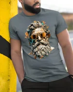 Cool Bearded Zeus Tee Retro Mythology Style Graphic Tshirt - model wearing grey tee, leaning on column