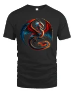Fire and Shadow Dragon Battle Graphic T-Shirt - black t-shirt on white background