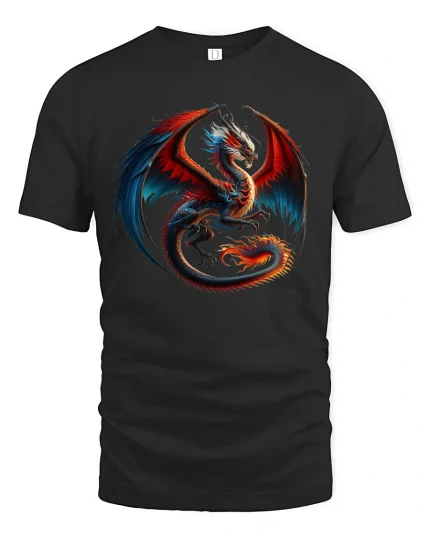 Fire and Shadow Dragon Battle Graphic T-Shirt - black t-shirt on white background