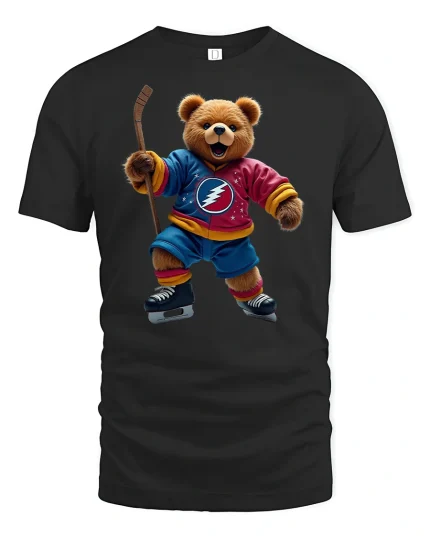 Hockey Bear Fun Sports Player Cool Graphic T-Shirt - black t-shirt on white background