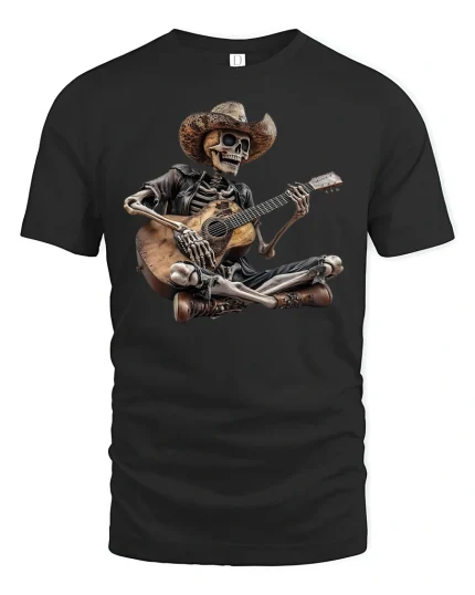 Cowboy Skeleton Guitar Jam Funny Graphic T-Shirt - black t-shirt on white background