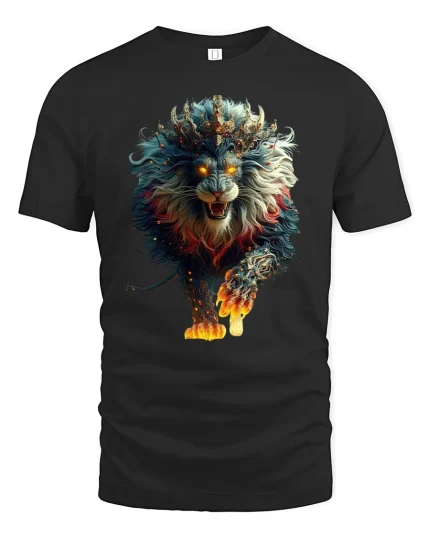 Fire Lion King Mythic Beast Power Graphic T-Shirt - black t-shirt on white background