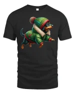 Cozy Pup in Winter Coat Funny Dog Lover T-Shirt - black t-shirt on white background