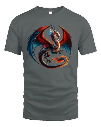 Fire and Shadow Dragon Battle Graphic T-Shirt - gray t-shirt on white background