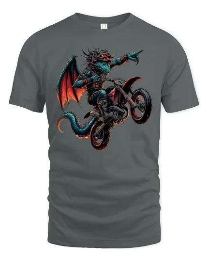 Moto Dragon Rider Extreme Fantasy Biker T-Shirt - gray t-shirt on white background