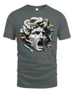 Medusa Stone Head Mythical Monster Graphic T-Shirt - gray t-shirt on white background