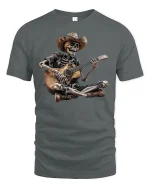 Cowboy Skeleton Guitar Jam Funny Graphic T-Shirt - gray t-shirt on white background