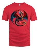Fire and Shadow Dragon Battle Graphic T-Shirt - red t-shirt on white background