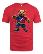Hockey Bear Fun Sports Player Cool Graphic T-Shirt - red t-shirt on white background