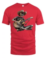 Cowboy Skeleton Guitar Jam Funny Graphic T-Shirt - red t-shirt on white background