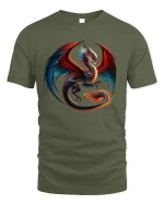 Fire and Shadow Dragon Battle Graphic T-Shirt - military green t-shirt on white background