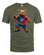 Hockey Bear Fun Sports Player Cool Graphic T-Shirt - military green t-shirt on white background