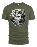 Medusa Stone Head Mythical Monster Graphic T-Shirt - military green t-shirt on white background