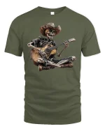 Cowboy Skeleton Guitar Jam Funny Graphic T-Shirt - military green t-shirt on white background