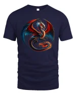 Fire and Shadow Dragon Battle Graphic T-Shirt - navy t-shirt on white background