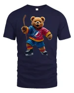 Hockey Bear Fun Sports Player Cool Graphic T-Shirt - navy t-shirt on white background