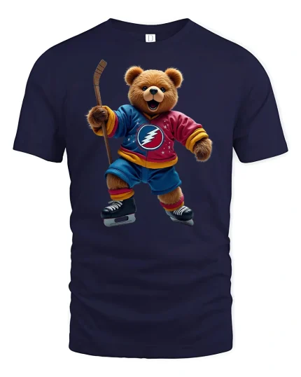 Hockey Bear Fun Sports Player Cool Graphic T-Shirt - navy t-shirt on white background