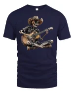 Cowboy Skeleton Guitar Jam Funny Graphic T-Shirt - navy t-shirt on white background